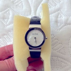 Woman’s Sagan Watch with Austrian Crystals and Black Leather Band